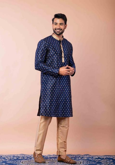 Navy Blue Embroidery Silk Blend Kurta Set For Men