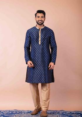 Navy Blue Embroidery Silk Kurta Set For Men