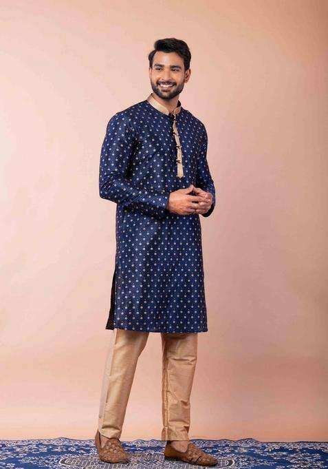 Navy Blue Embroidery Silk Blend Kurta For Men