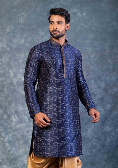 Navy Blue Embroidery Silk Dhoti Set For Men
