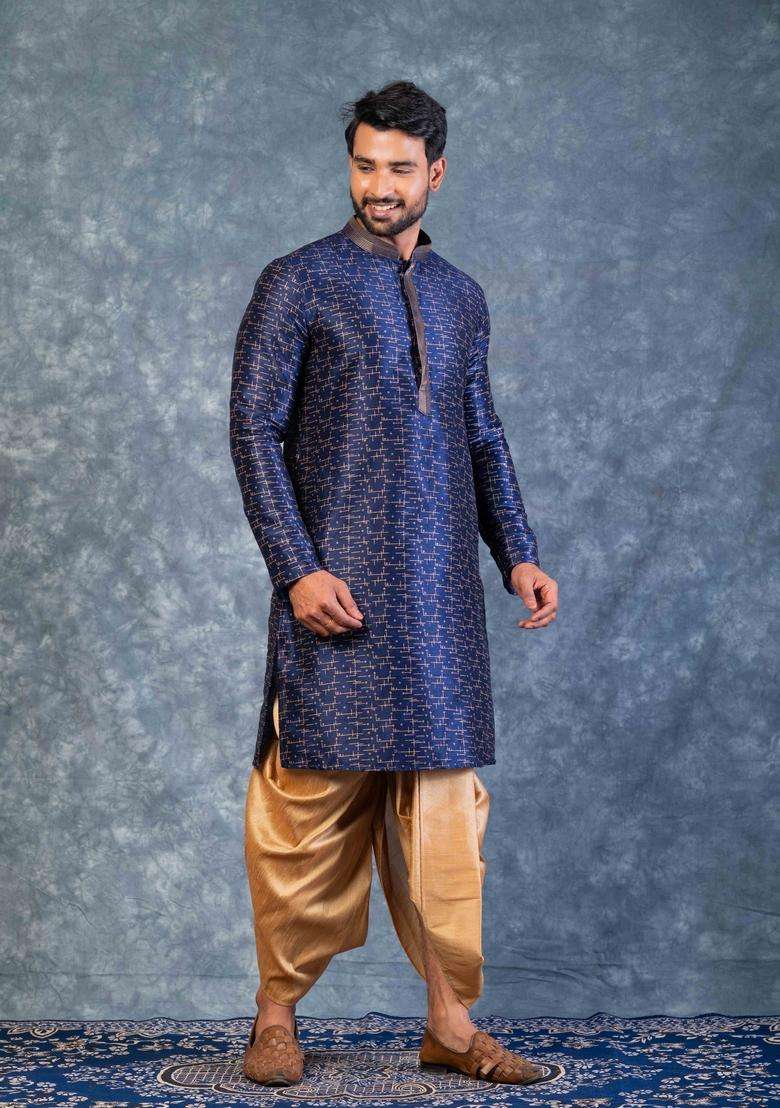 Navy Blue Embroidery Silk Kurta For Men - Indya