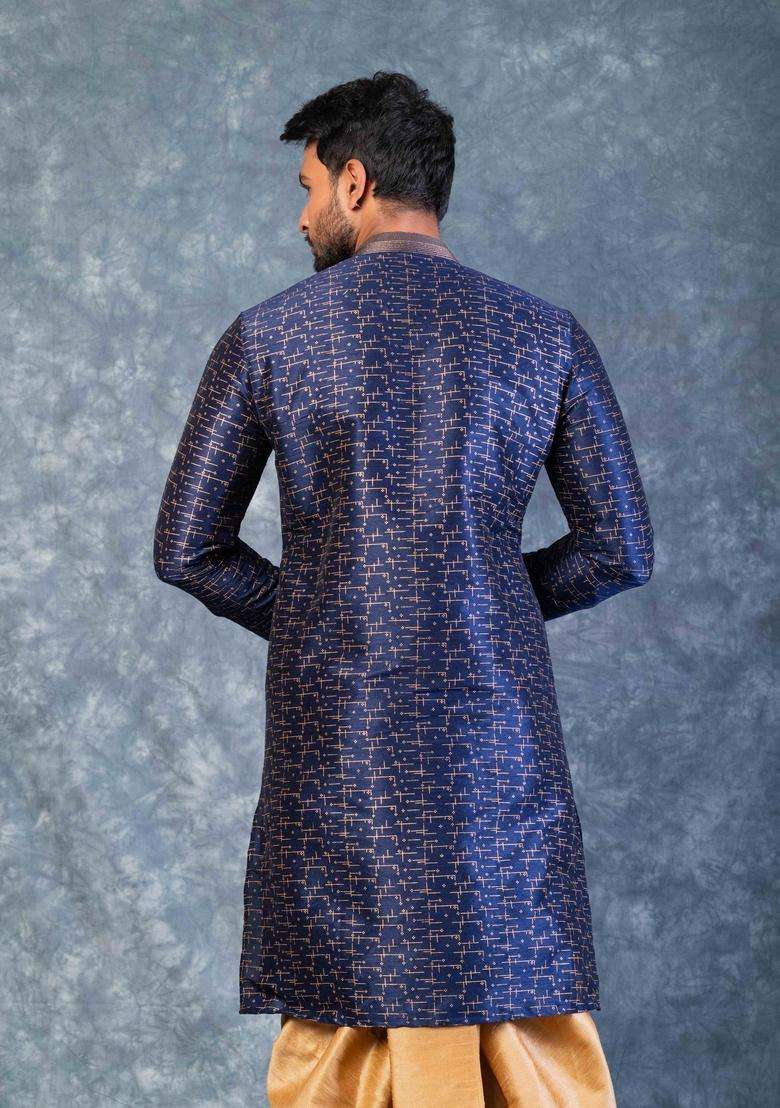 Navy Blue Embroidery Silk Kurta For Men - Indya