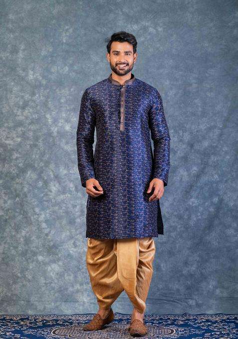 Navy Blue Embroidery Silk Kurta For Men