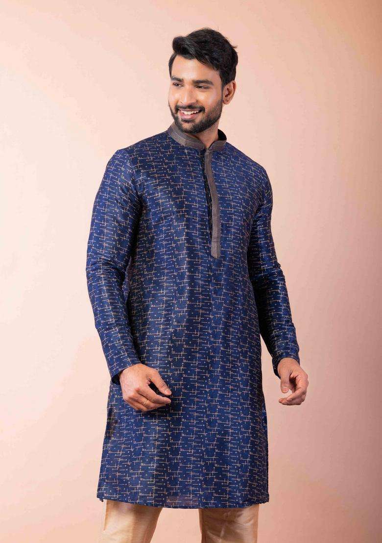 Navy Blue Embroidery Silk Kurta For Men - Indya