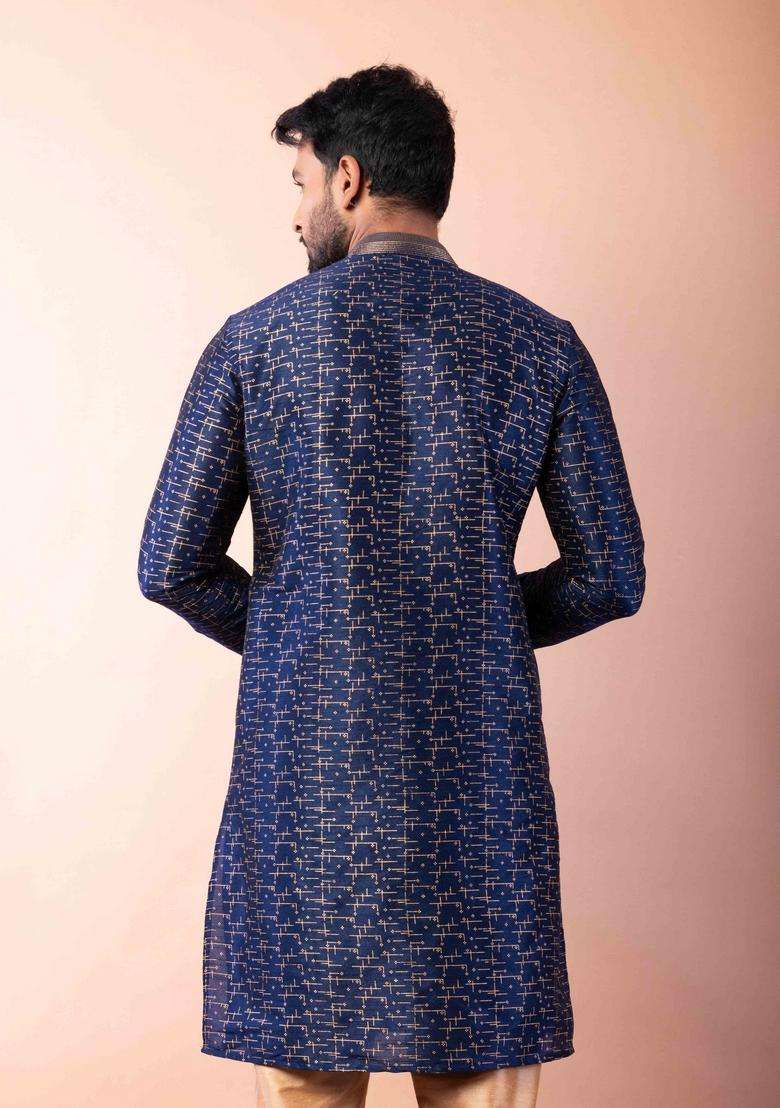 Navy Blue Embroidery Silk Kurta For Men - Indya