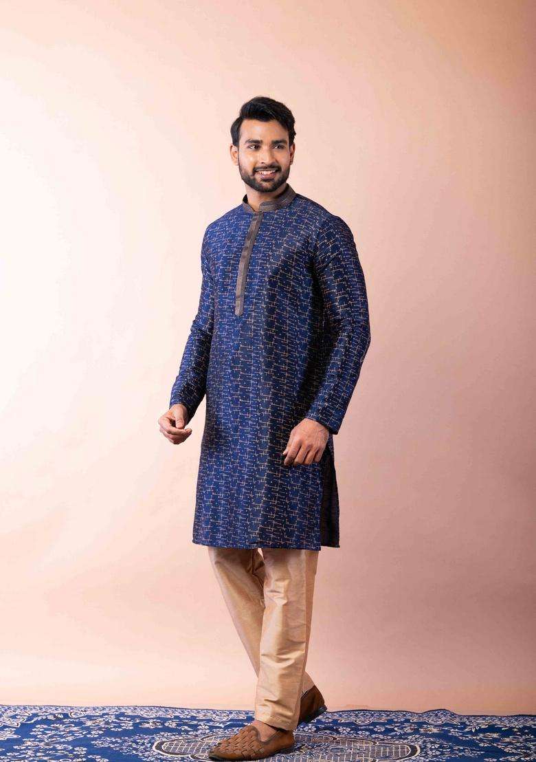Navy Blue Embroidery Silk Kurta For Men - Indya