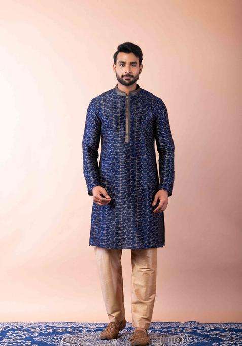 Navy Blue Embroidery Silk Kurta For Men