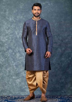Navy Blue Embroidery Silk Blend Dhoti Set For Men