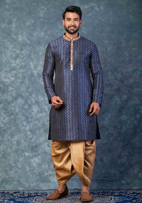 Navy Blue Embroidery Silk Dhoti Set For Men