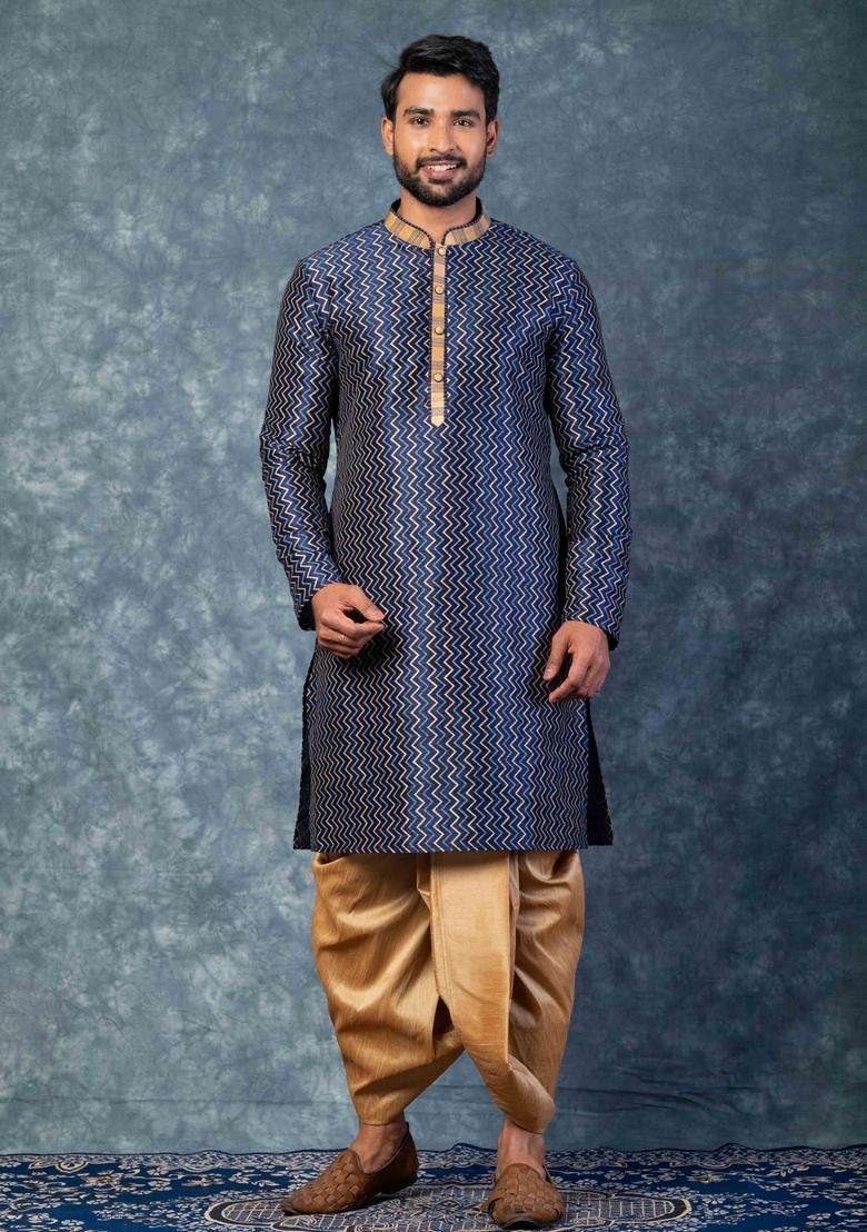 Navy Blue Embroidery Silk Kurta For Men - Indya