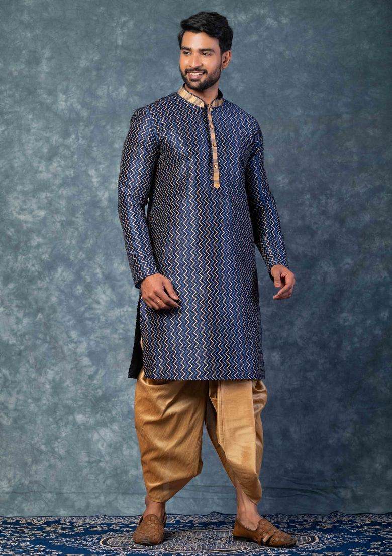 Navy Blue Embroidery Silk Kurta For Men - Indya