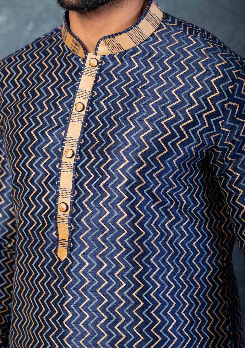 Navy Blue Embroidery Silk Kurta For Men - Indya