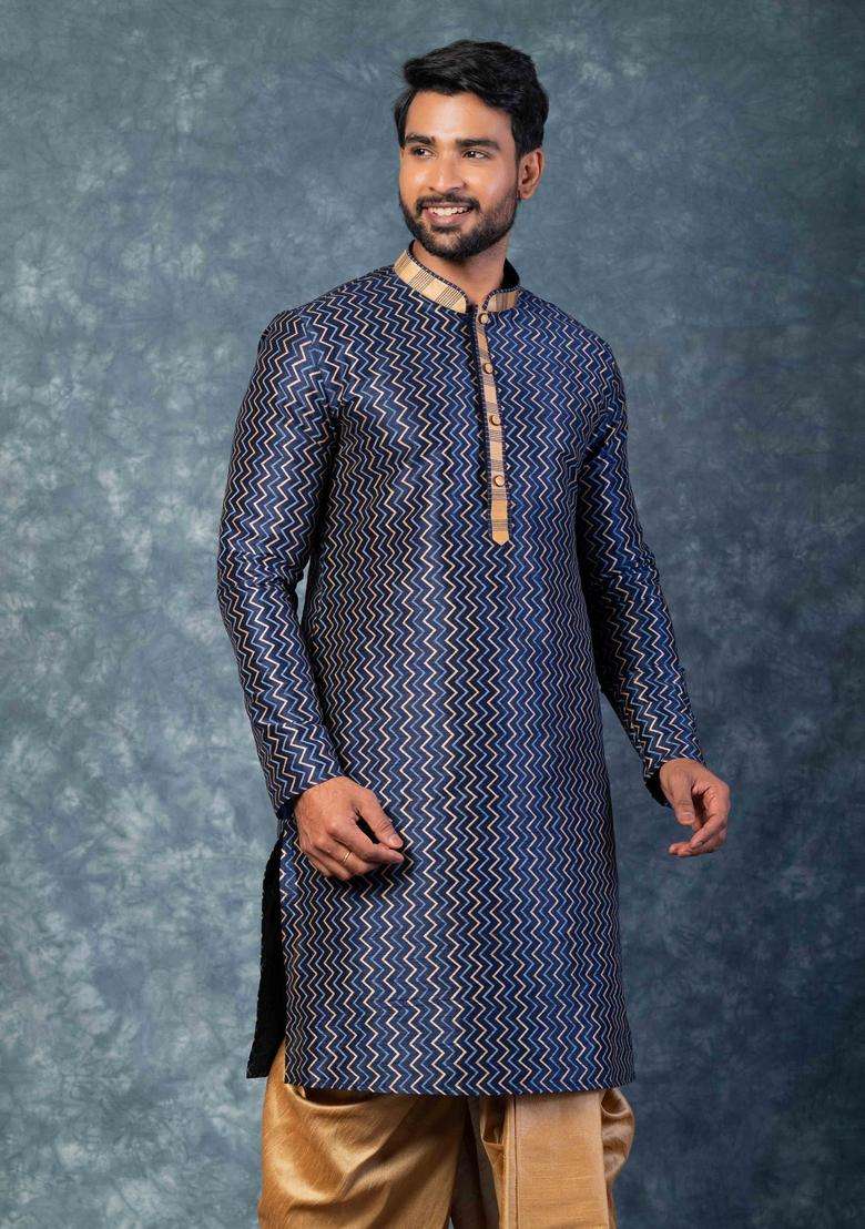 Navy Blue Embroidery Silk Kurta For Men - Indya
