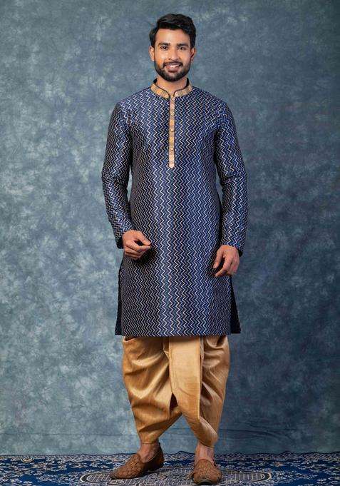 Navy Blue Embroidery Silk Kurta For Men