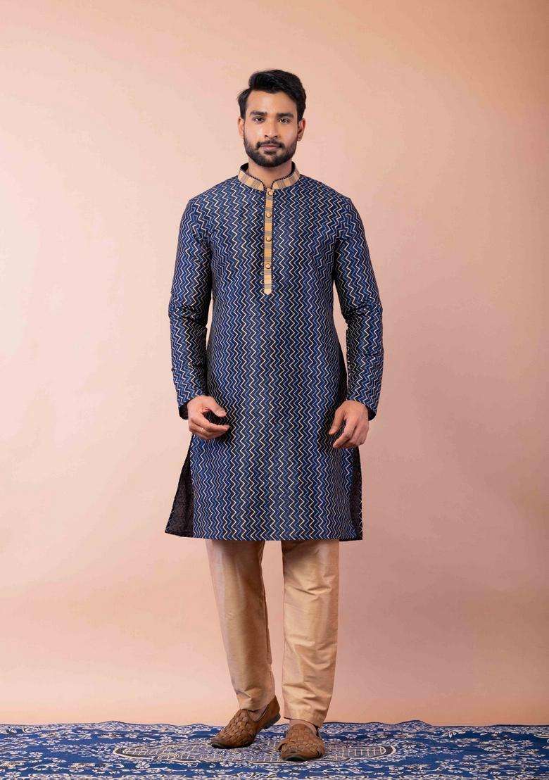 Navy Blue Embroidery Silk Kurta For Men - Indya