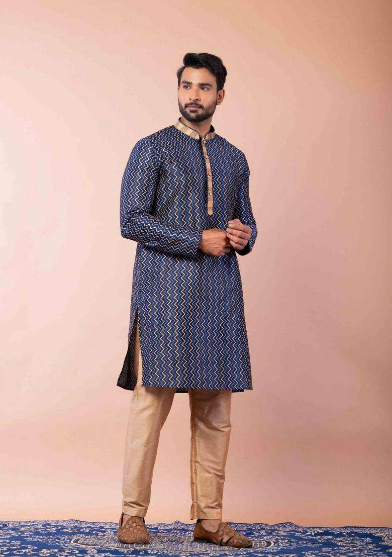 Navy Blue Embroidery Silk Kurta For Men - Indya