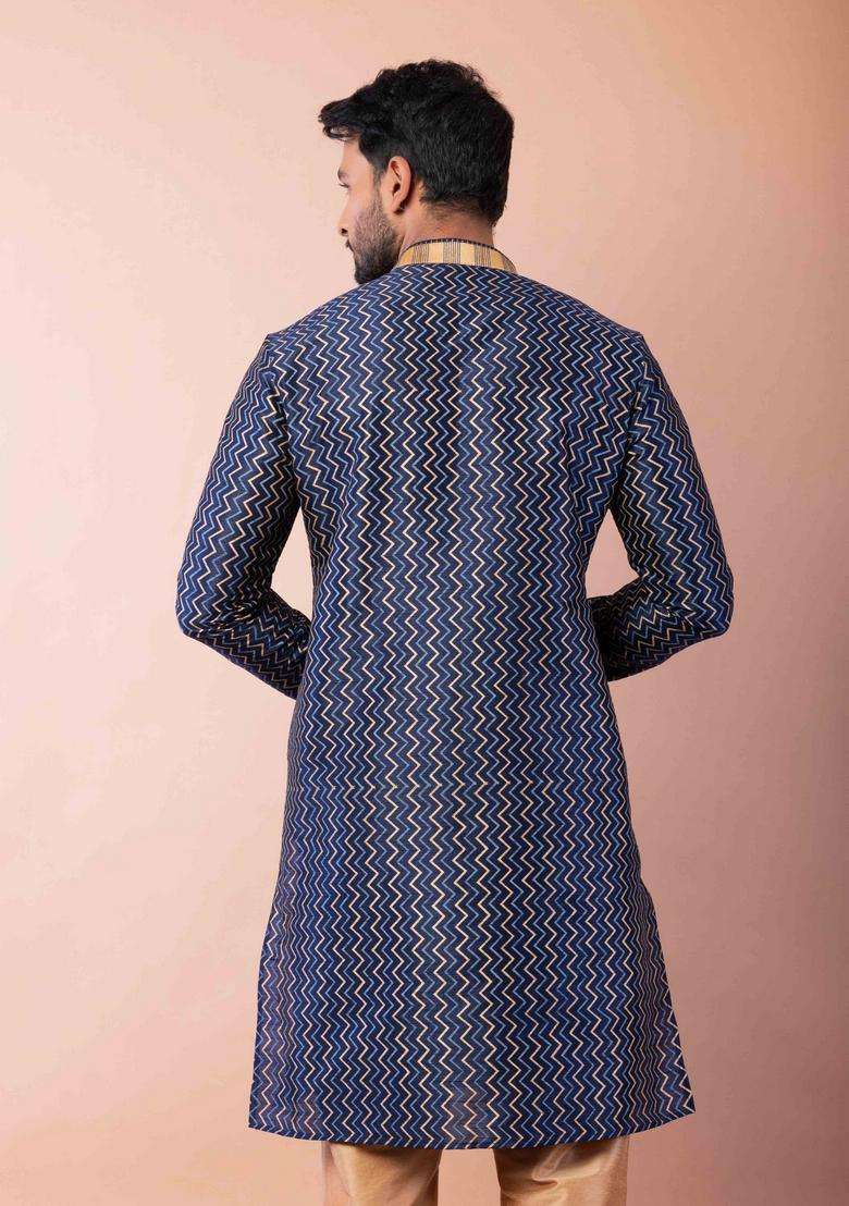 Navy Blue Embroidery Silk Kurta For Men - Indya
