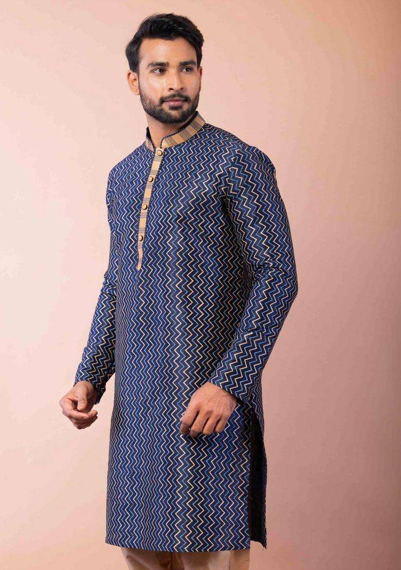 Navy Blue Embroidery Silk Kurta For Men - Indya