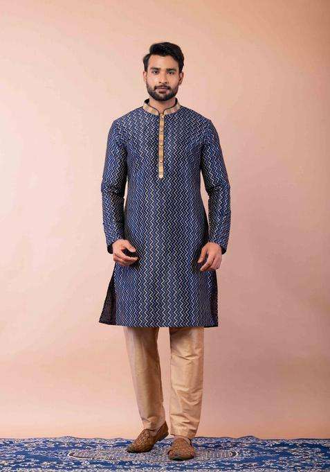 Navy Blue Embroidery Silk Kurta For Men