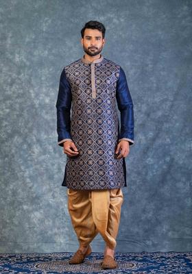 Navy Blue Embroidery Silk Blend Dhoti Set For Men