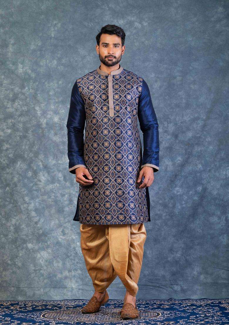 Navy Blue Embroidery Silk Blend Dhoti Set For Men - Indya