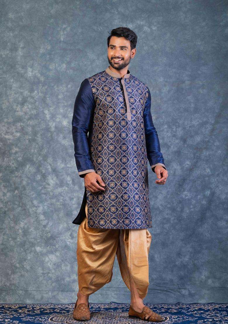 Navy Blue Embroidery Silk Blend Dhoti Set For Men - Indya