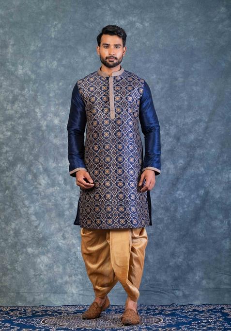 Navy Blue Embroidery Silk Dhoti Set For Men