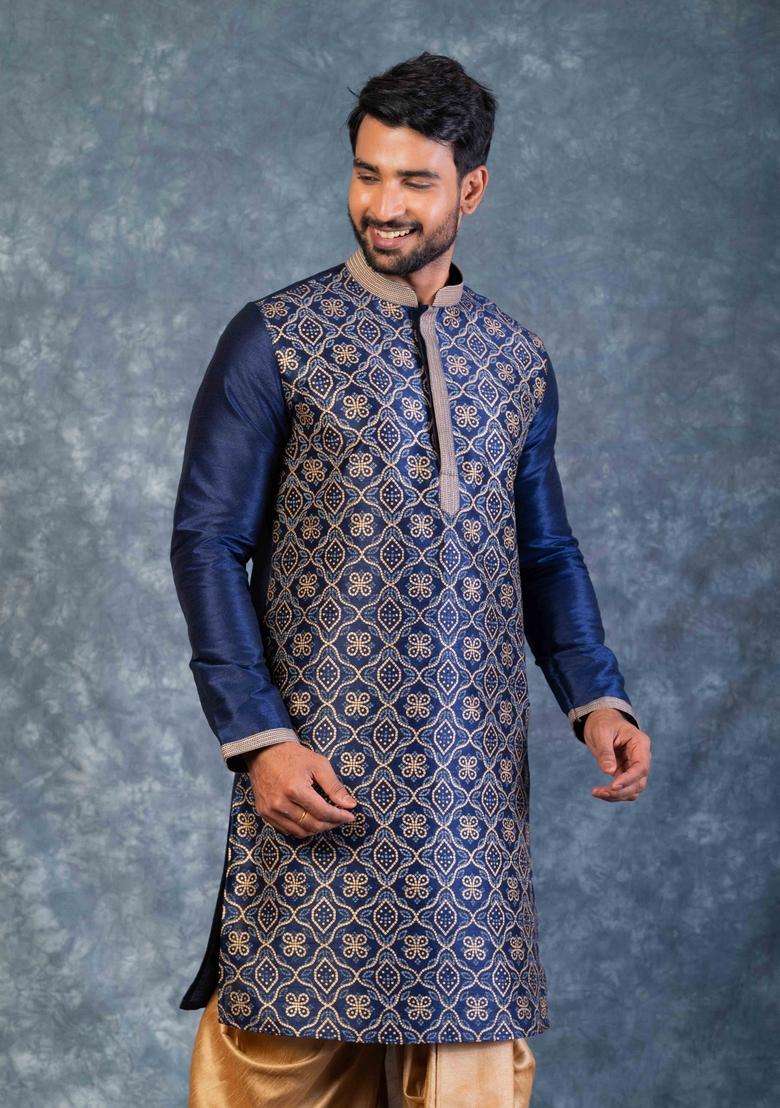 Navy Blue Embroidery Silk Kurta For Men - Indya