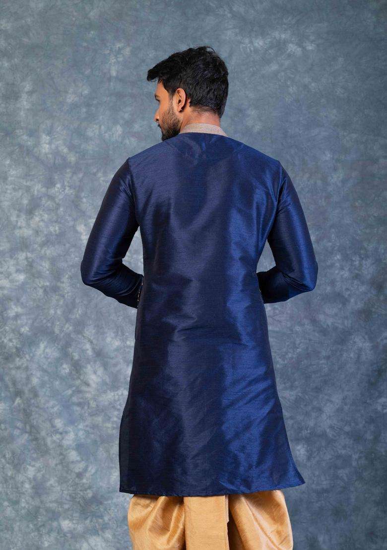 Navy Blue Embroidery Silk Kurta For Men - Indya