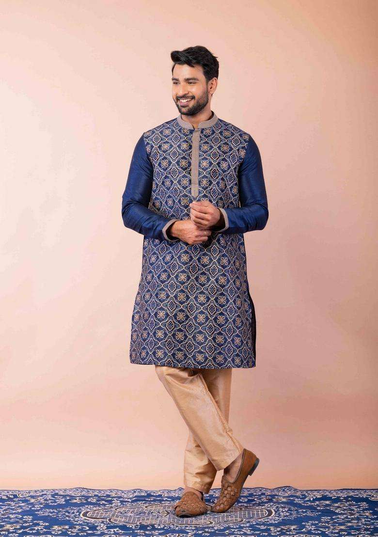 Navy Blue Embroidery Silk Kurta For Men - Indya