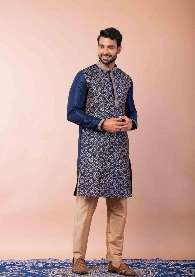 Navy Blue Embroidery Silk Kurta For Men - Indya