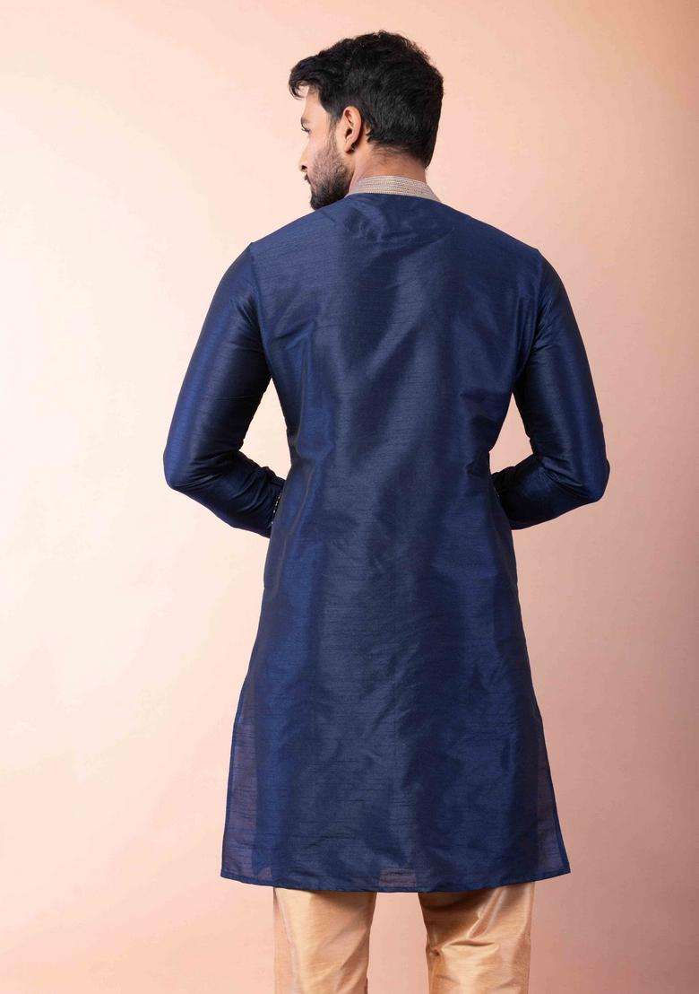 Navy Blue Embroidery Silk Kurta For Men - Indya