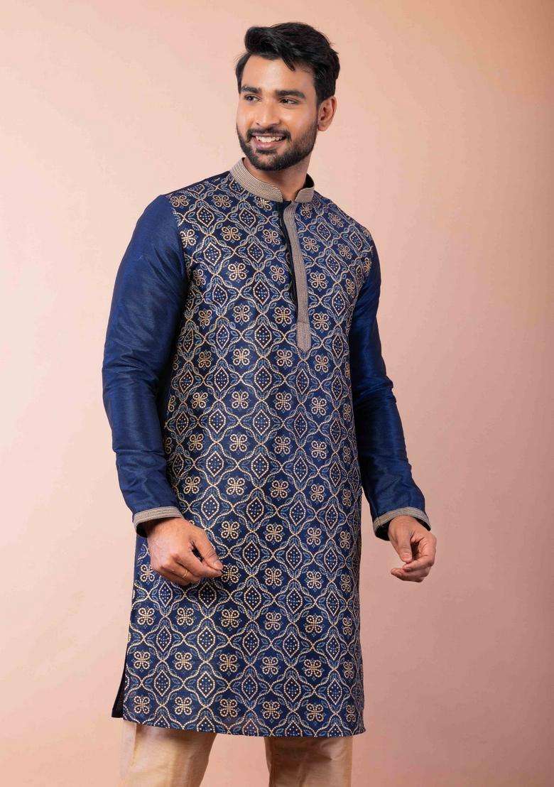 Navy Blue Embroidery Silk Kurta For Men - Indya