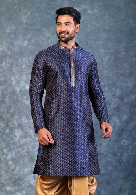 Navy Blue Embroidery Silk Dhoti Set For Men