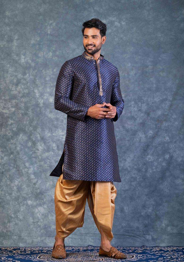 Navy Blue Embroidery Silk Kurta For Men - Indya
