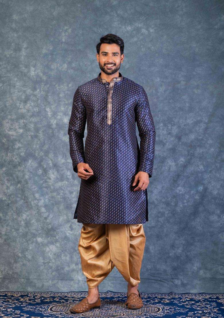 Navy Blue Embroidery Silk Kurta For Men - Indya
