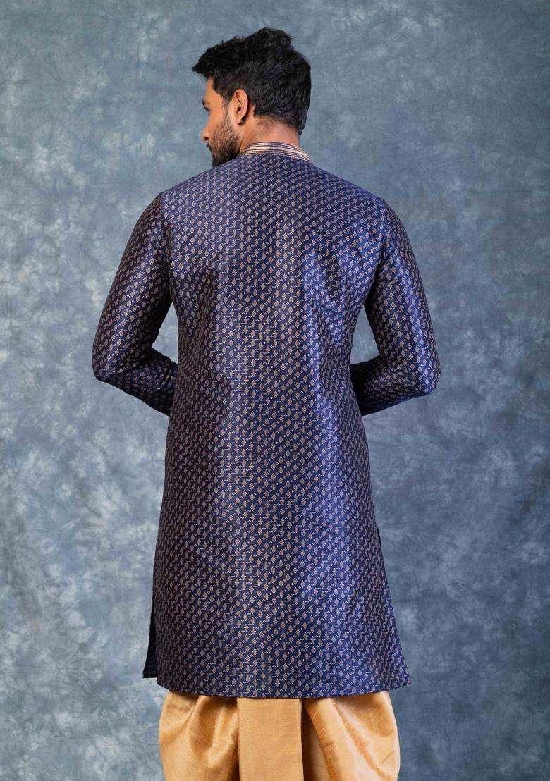 Navy Blue Embroidery Silk Kurta For Men - Indya