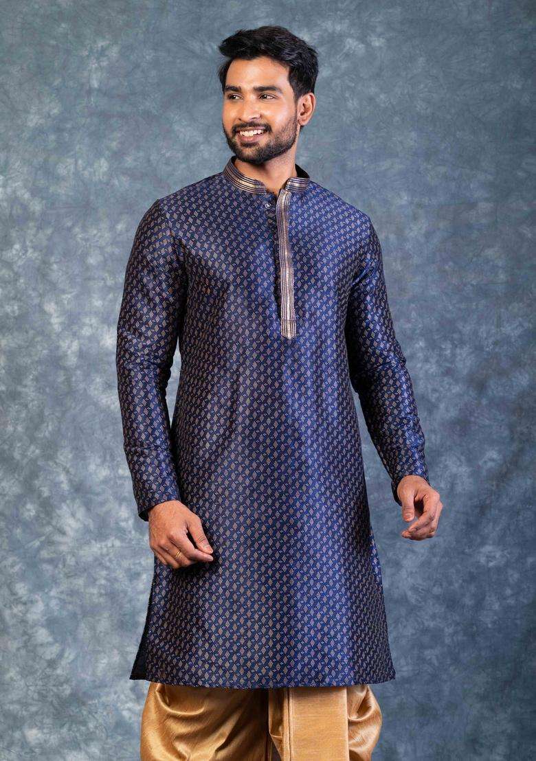 Navy Blue Embroidery Silk Kurta For Men - Indya