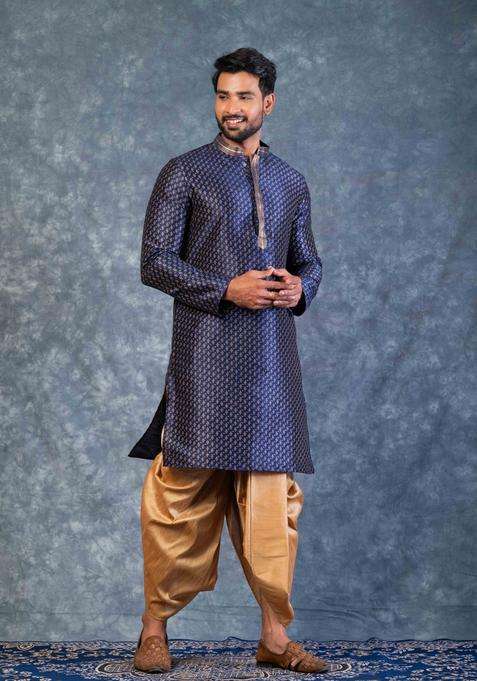 Navy Blue Embroidery Silk Kurta For Men