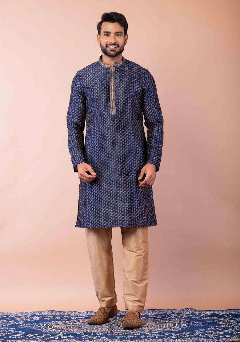 Navy Blue Embroidery Silk Kurta For Men - Indya