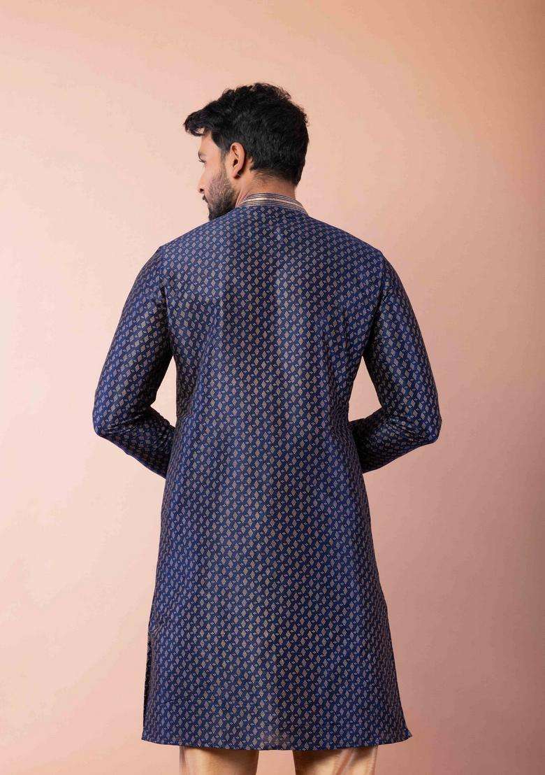 Navy Blue Embroidery Silk Kurta For Men - Indya