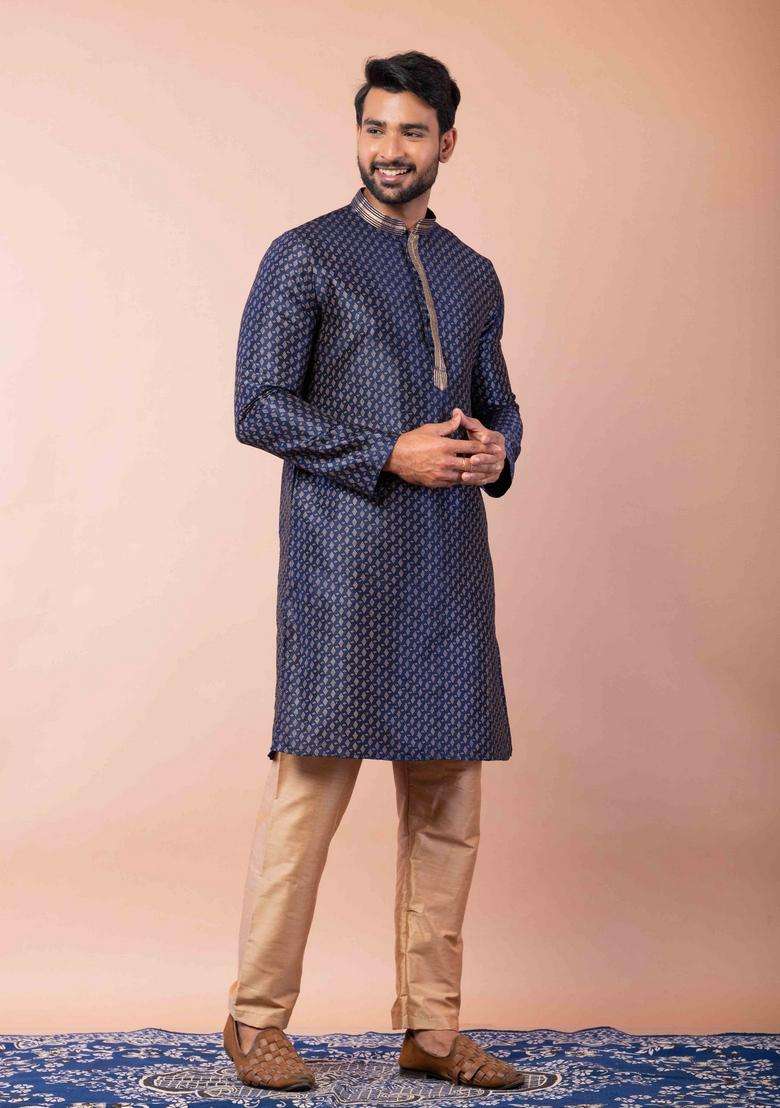 Navy Blue Embroidery Silk Kurta For Men - Indya