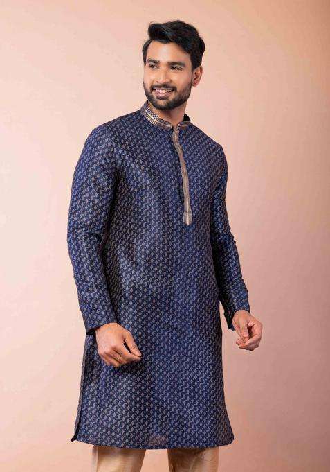 Navy Blue Embroidery Silk Kurta For Men
