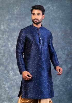 Navy Blue Embroidery Silk Blend Dhoti Set For Men