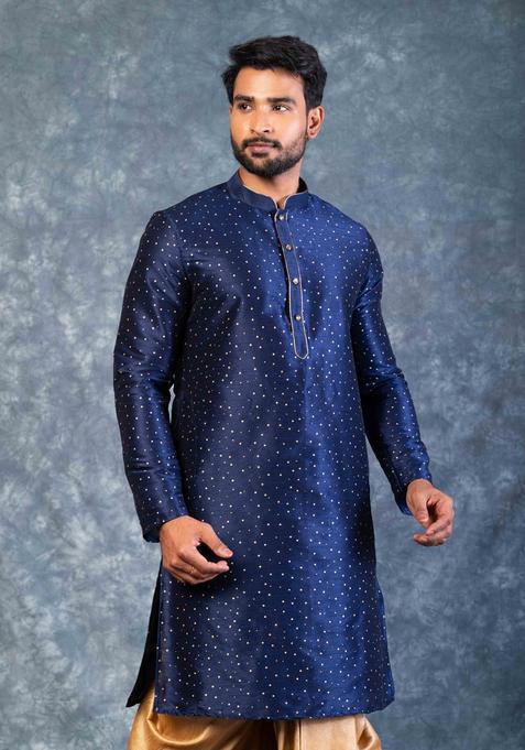 Navy Blue Embroidery Silk Dhoti Set For Men