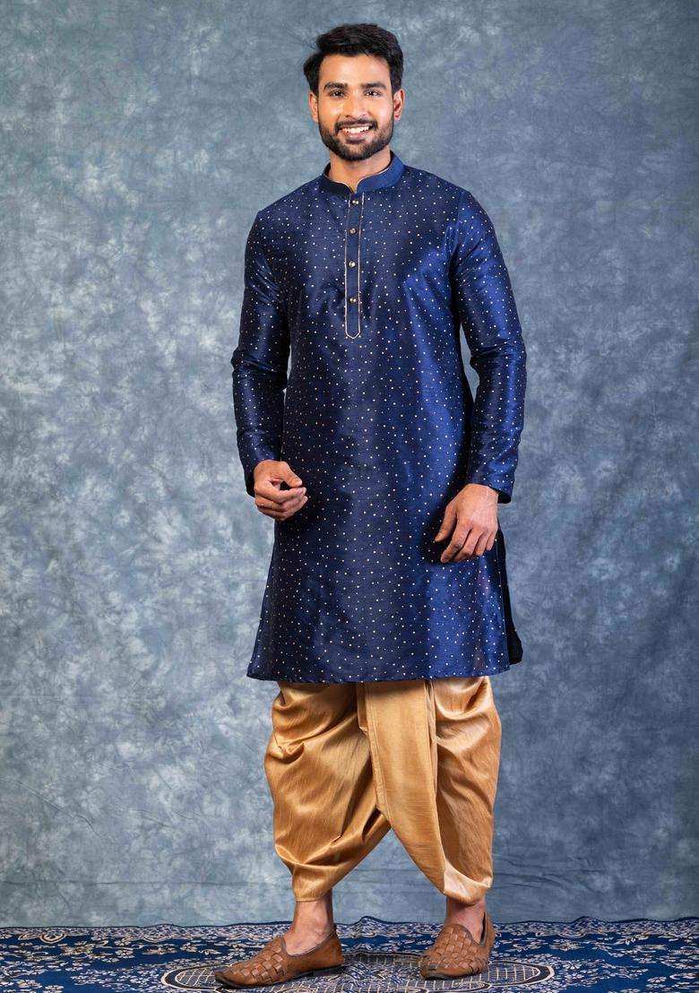 Navy Blue Embroidery Silk Kurta For Men - Indya