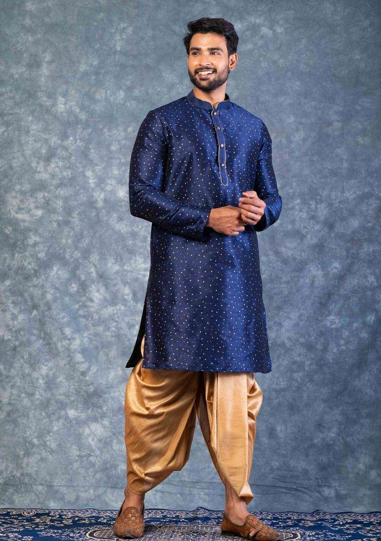 Navy Blue Embroidery Silk Kurta For Men - Indya