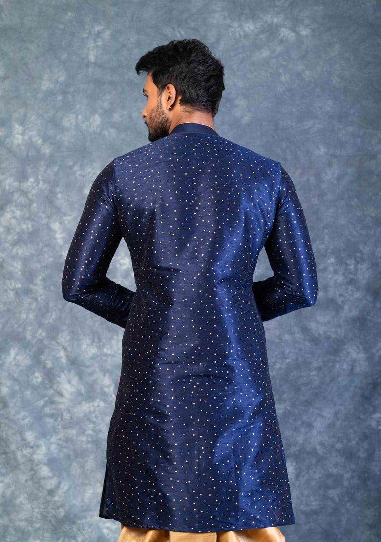 Navy Blue Embroidery Silk Kurta For Men - Indya