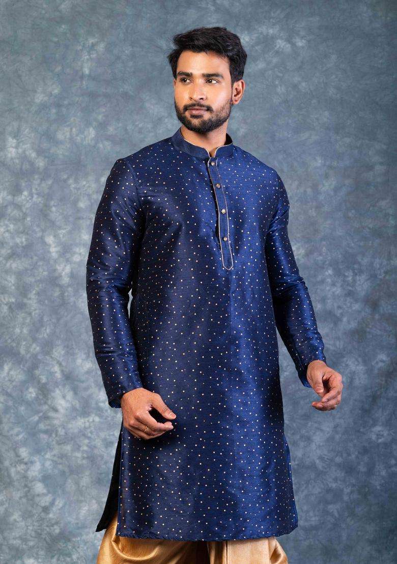 Navy Blue Embroidery Silk Kurta For Men - Indya
