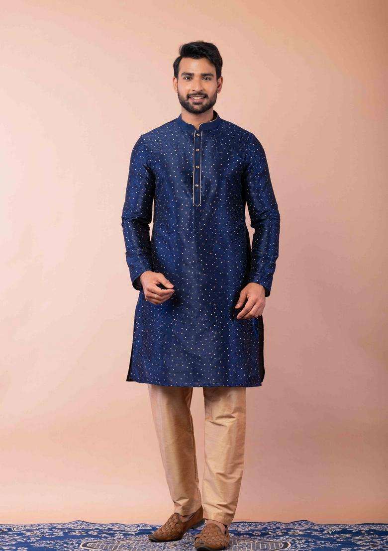 Navy Blue Embroidery Silk Kurta For Men - Indya